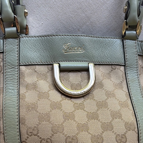 SOLD • Gucci GG Monogram Fabric Cream Sage Mint Green Leather Bucket Shoulder - Picture 8 of 17